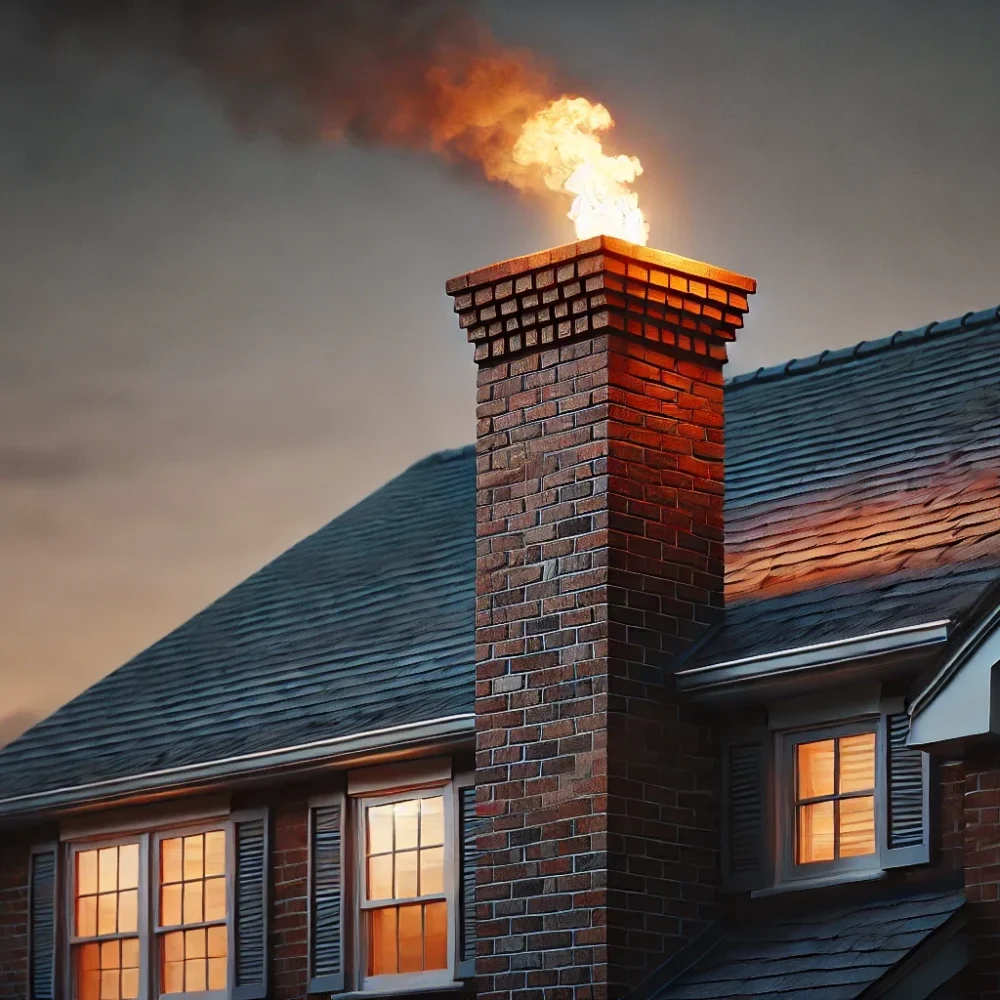 A chimney fire with flames coming out of the top of the chimney.