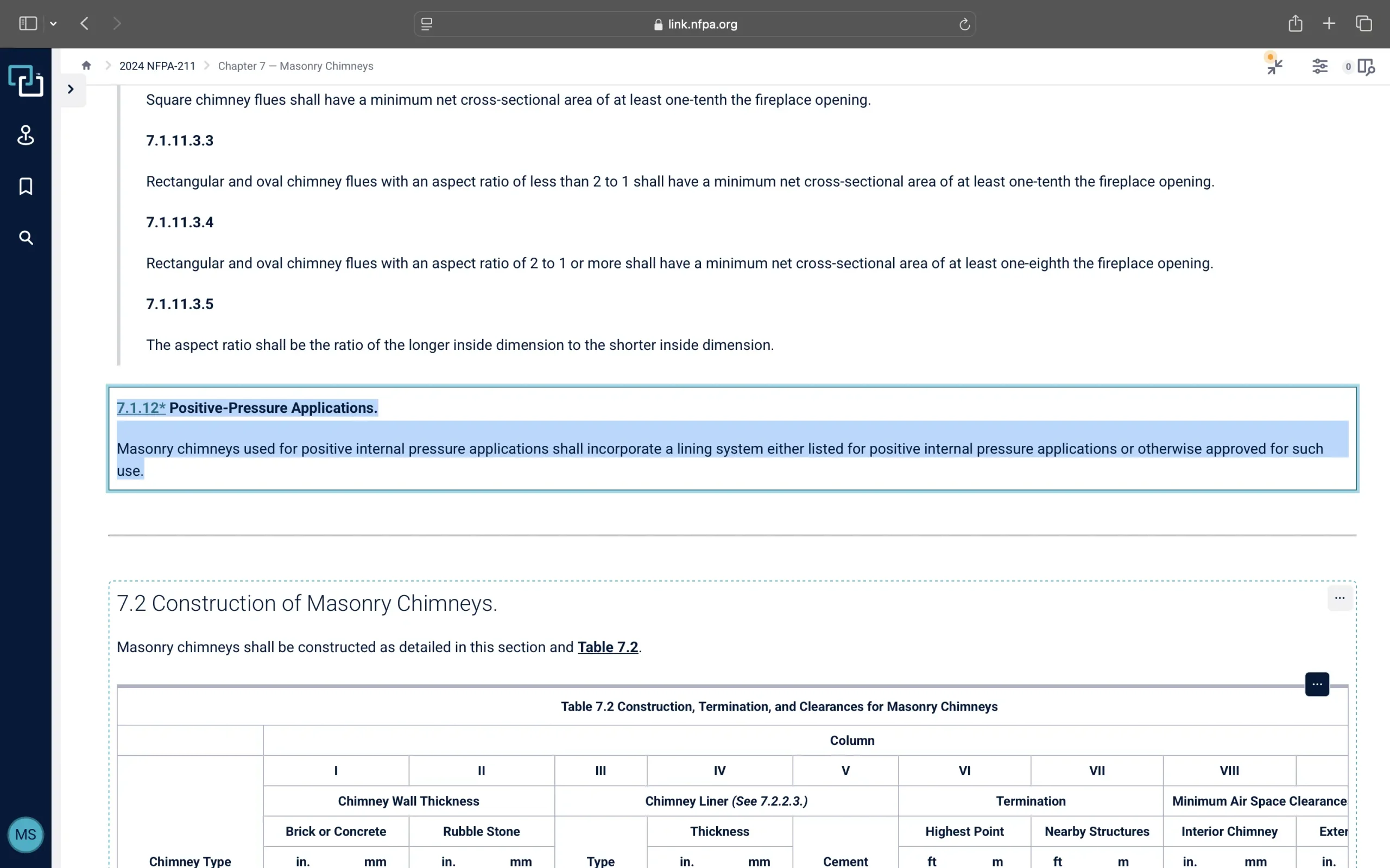A screenshot of NFPA 211 positive pressure lining system for masonry chimneys.