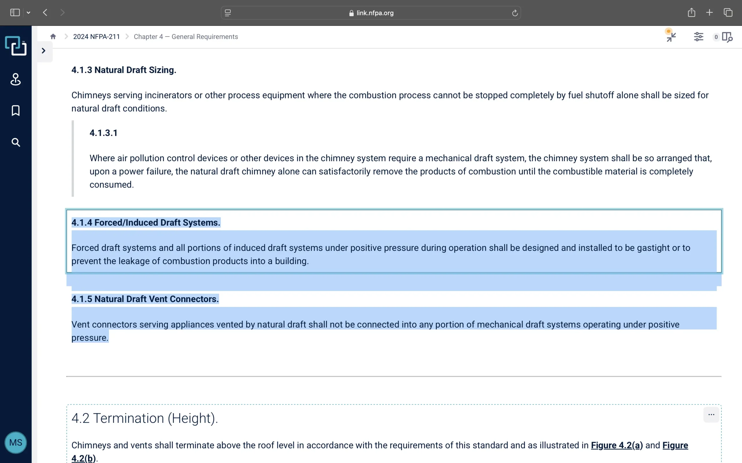 A screen shot of NFPA 211 forced draft and natural draft vents.