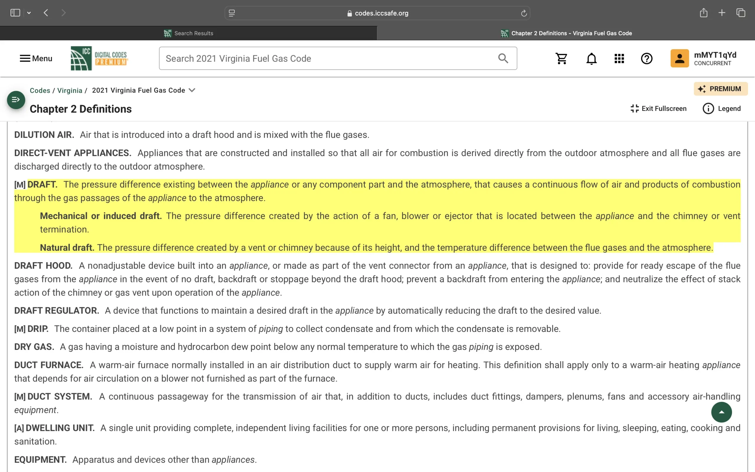 A screenshot of Virginia Fuel Gas Code draft terminology.