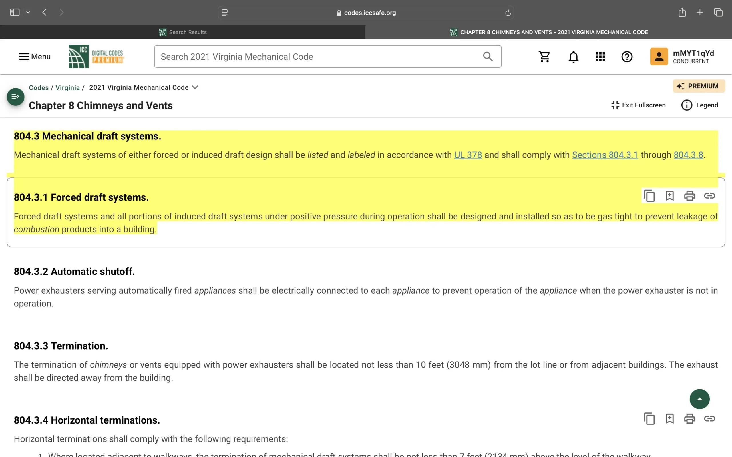 A screenshot of Virginia Mechanical Code mechanical draft systems, and forced draft systems.