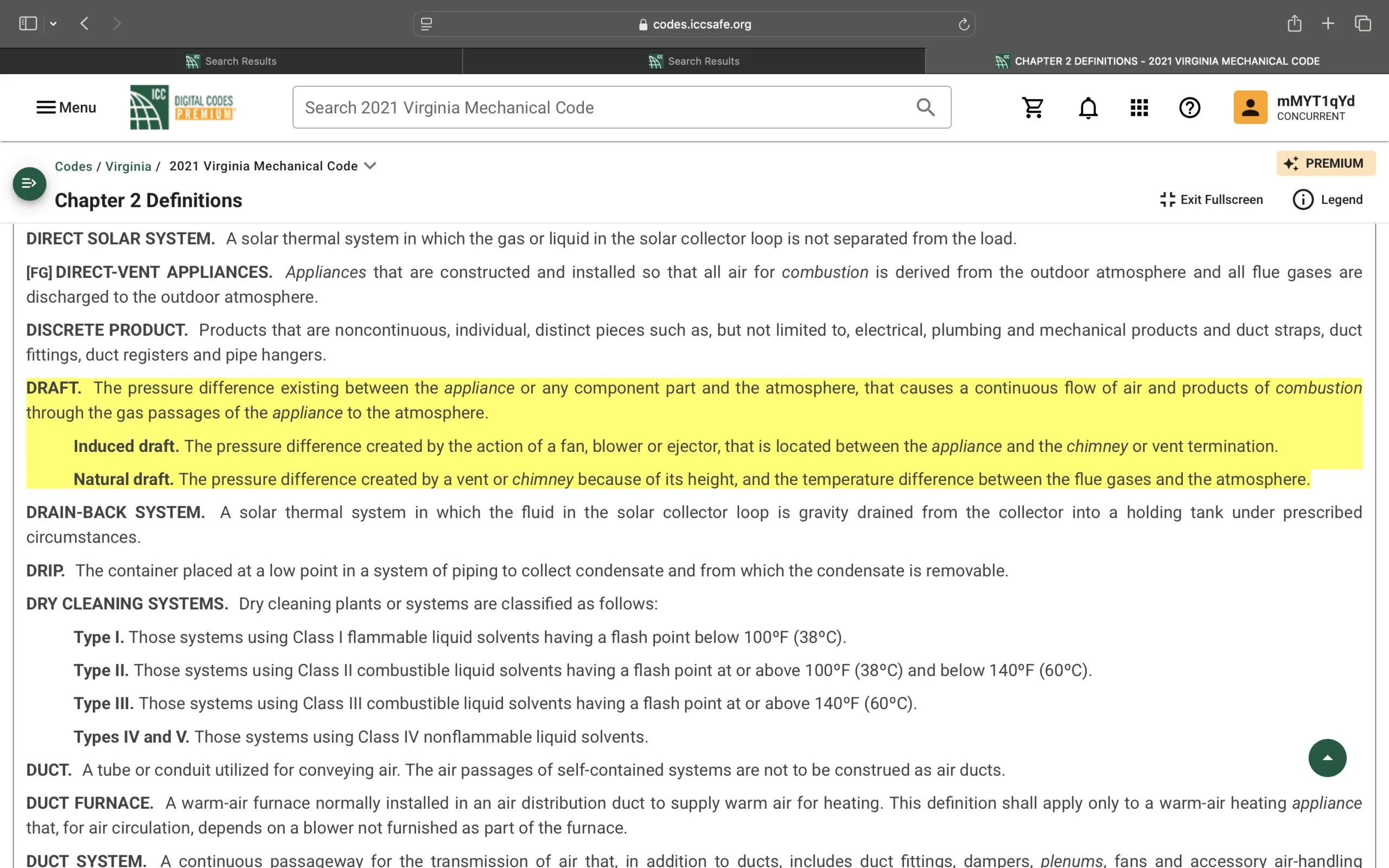 A screenshot of virginia mechanical code draft terminology.