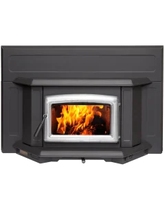 Pacific Energy Super LE wood insert with blower in metallic black finish, burning brightly in a fireplace surround with large glass viewing window.