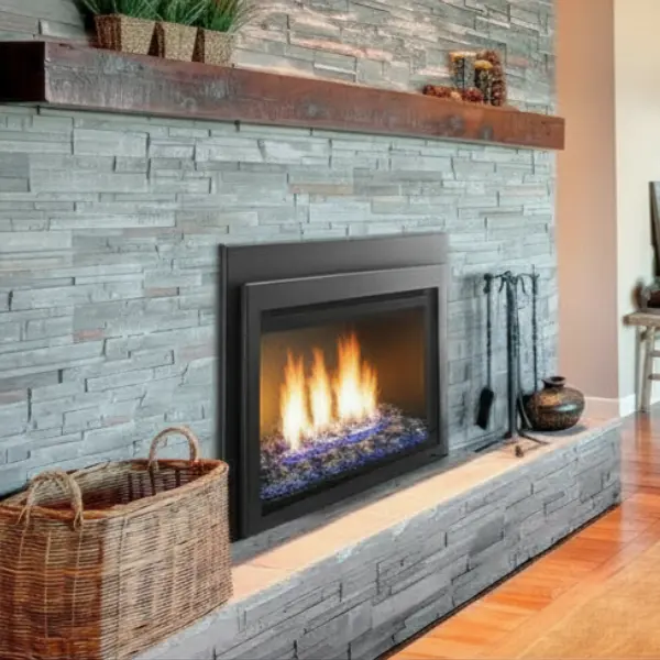 Majestic Ruby Contemporary direct vent gas fireplace insert with decorative fire glass and modern linear flames