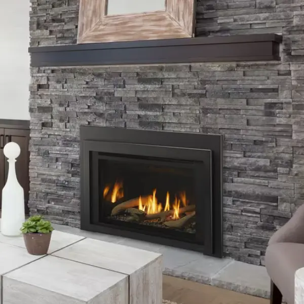 Majestic Ruby direct vent gas fireplace insert with contemporary driftwood log set