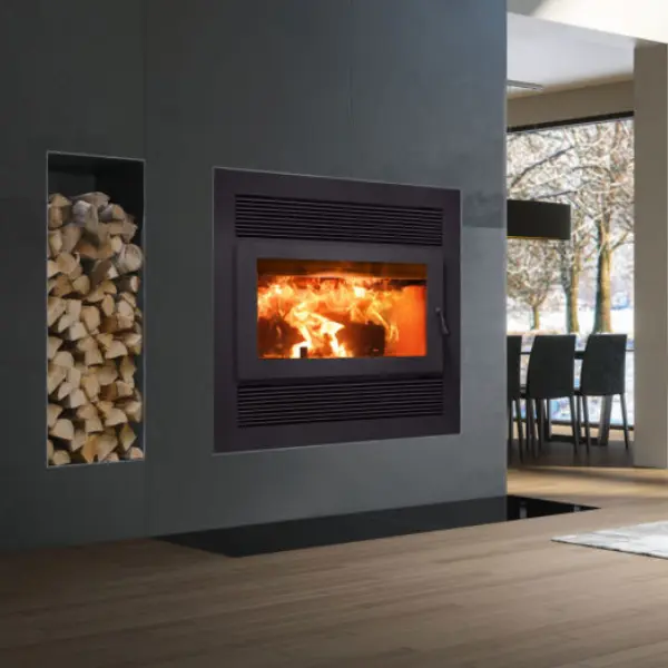RSF Focus high efficiency wood burning fireplace installation with clean face design and modern finish