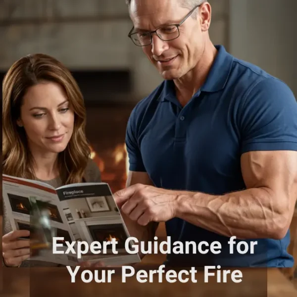 Homeowner reviewing ventless gas log installation options with an NFI Certified Gas Specialist