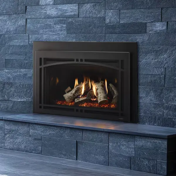 Majestic Ruby Platinum direct vent gas fireplace insert with premium log set and realistic wood-burning flame appearance