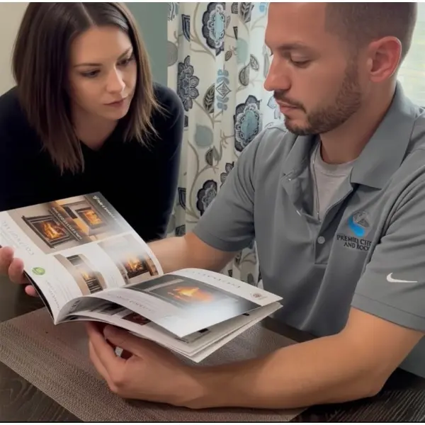 Homeowner reviewing direct vent fireplace insert options with an NFI Certified Gas Specialist