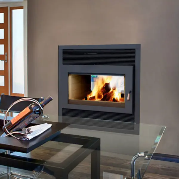 RSF high efficiency see-through wood fireplace installed in a modern interior wall