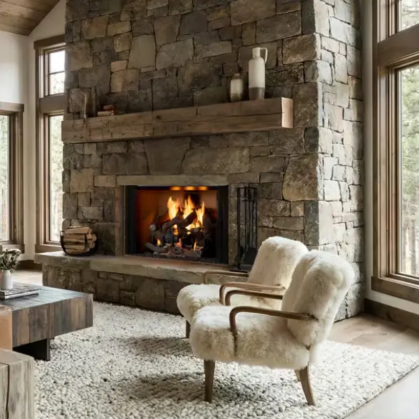 Majestic Biltmore wood-burning fireplace with natural stone surround and timber mantel