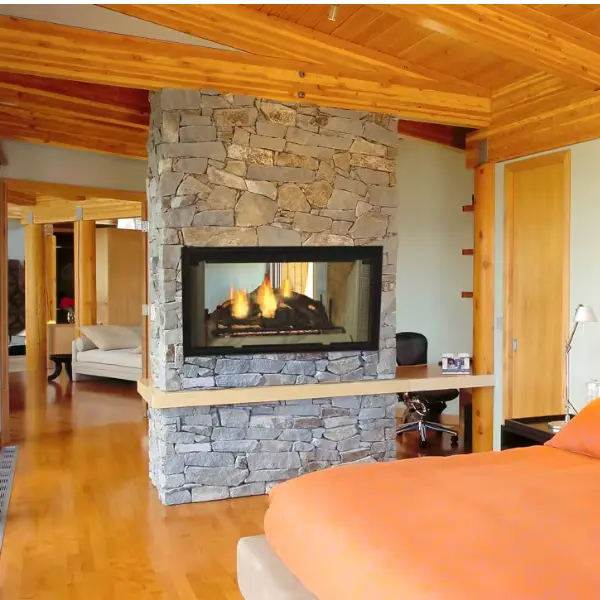 Majestic Designer see-through wood-burning fireplace with double-sided viewing area