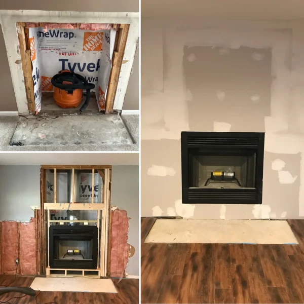 Wood burning prefab fireplace installation process in Virginia Beach VA showing demolition framing fireplace installation and drywall completion